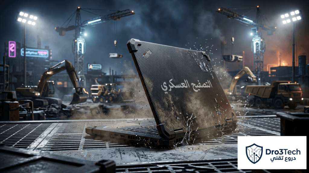 صورة توضح التصفيح الميكانيكي والصمود العسكري لابتوب ThinkPad P1 Gen 8 في بيئات العمل الشاق والميداني