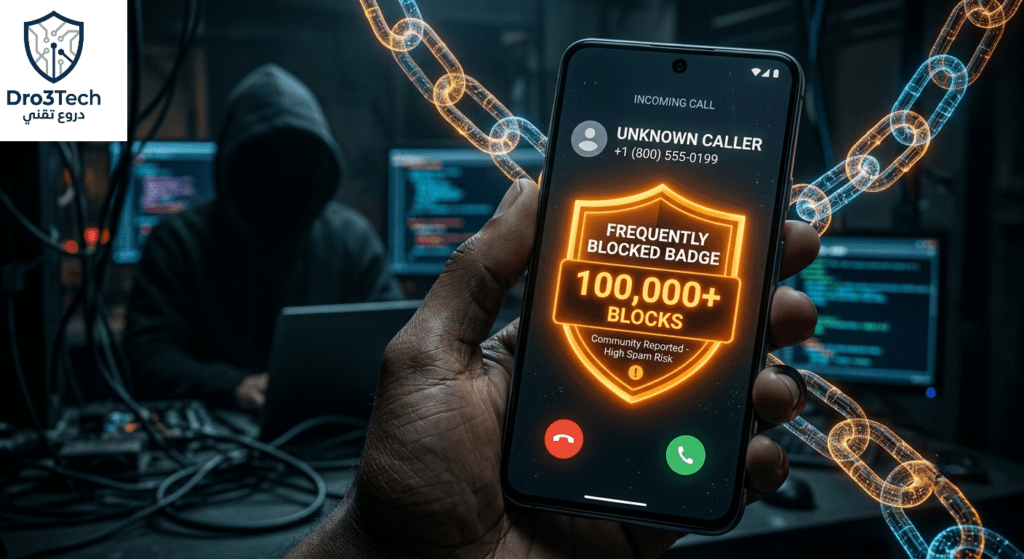 هاتف يعرض شارة محظور بكثرة البرتقالية مع عداد 100 ألف حظر، محاط بسلاسل هولوغرام ترمز للرقابة الحكومية، مع ظل مخترق في الخلفية.