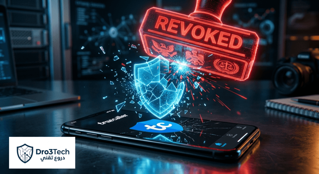 درع رقمي أزرق يتحطم فوق هاتف يعرض شعار تروكولر تحت تأثير ختم قانوني أحمر هولوغرامي، يرمز لسحب الحصانة القانونية.