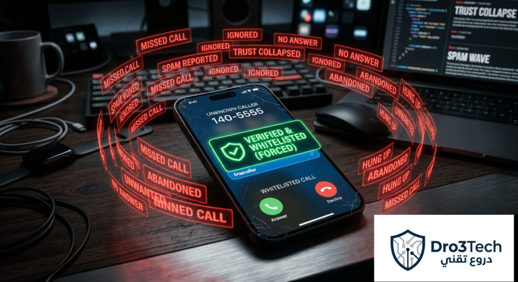 هاتف يعرض مكالمة واردة بشارة القائمة البيضاء الخضراء وسط عشرات الإشعارات لمكالمات فائتة ومتجاهلة.