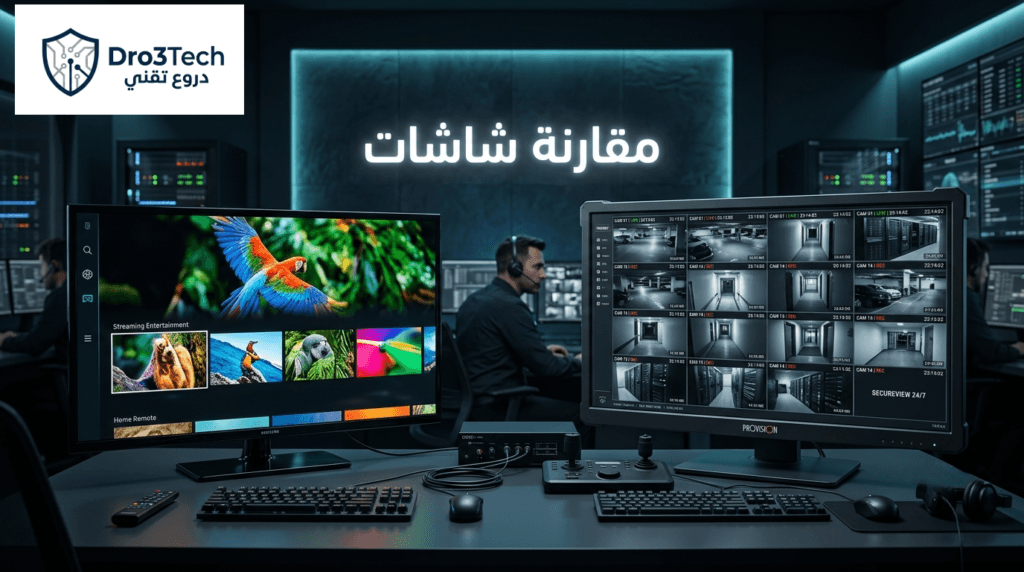 مقارنة هندسية بين التلفزيون المنزلي وشاشات المراقبة الاحترافية لتوضيح الفروق في قوة التحمل.