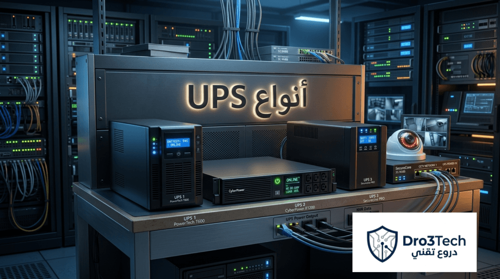 مقارنة هندسية بين أنواع أجهزة الـ UPS المختلفة لحماية سيستم كاميرات المراقبة.