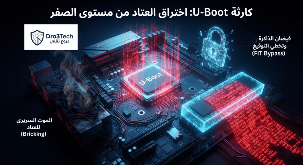 رسم علمي يوضح ثغرات U-Boot واختراق العتاد من مستوى الصفر عبر فيضان الذاكرة وتخطي التوقيع الرقمي، مما يؤدي إلى تدمير الأجهزة والموت السريري.