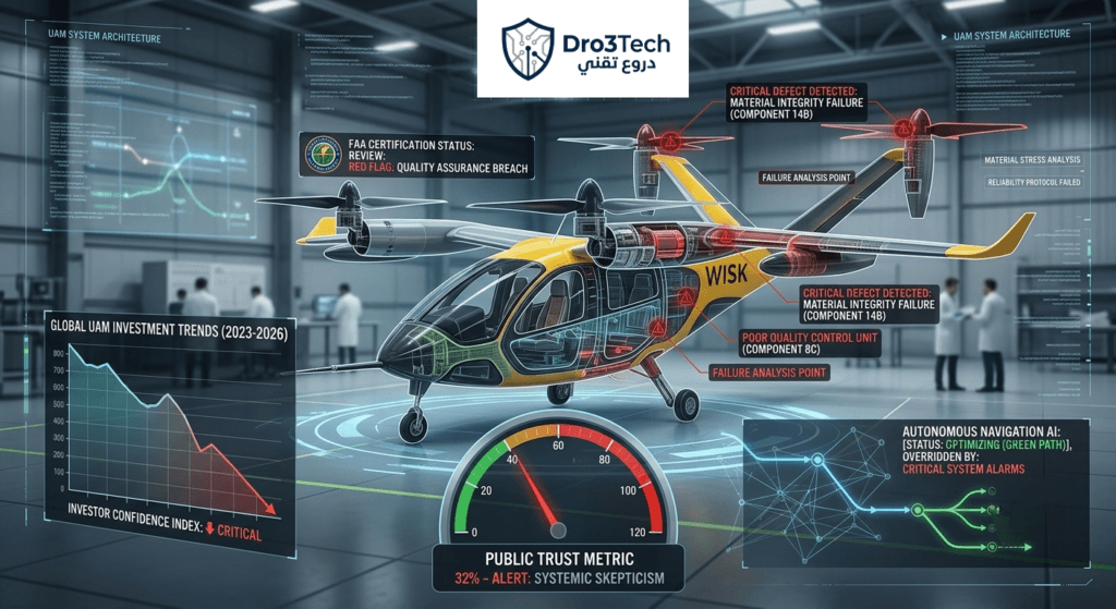 تحليل هندسي يوضح تنبيهات الأعطال الميكانيكية ومؤشرات تراجع ثقة المستثمرين في قطاع التاكسي الطائر والتنقل الجوي الحضري.
