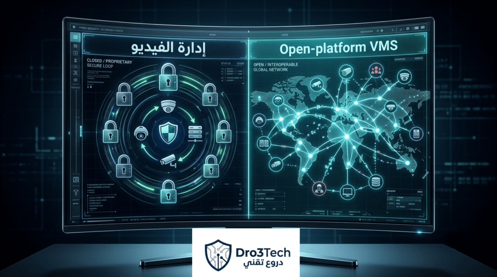 صورة توضيحية تشرح التصنيف الهيكلي لبرمجيات إدارة الفيديو والفرق بين الأنظمة المفتوحة والاحتكارية.