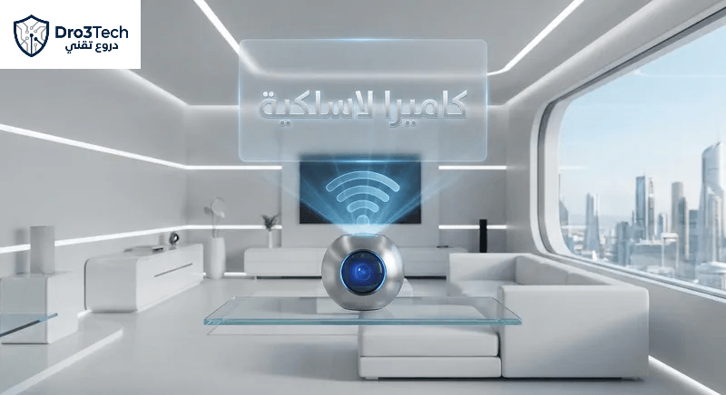 كاميرا مراقبة لاسلكية بتصميم كروي مستقبلي داخل غرفة معيشة ذكية لعام 2030.