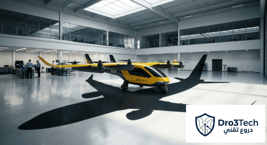 ظل طائرة ركاب ضخمة يلوح فوق التاكسي الطائر لشركة ويسك الجوية (Wisk Aero) تعبيراً عن أزمات شركة بوينغ الأم.