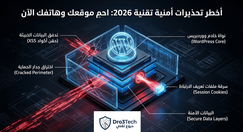 مخطط علمي يوضح اختراق مواقع ووردبريس عبر ثغرات يوم الصفر وحقن أكواد XSS لسرقة ملفات تعريف الارتباط.
