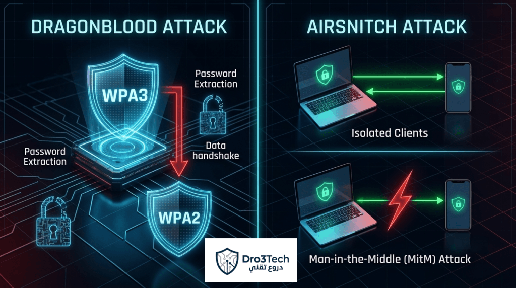مخطط توضيحي يشرح هجمات Dragonblood على تشفير WPA3 وهجمات AirSnitch لتخطي عزل الأجهزة وتنفيذ هجوم رجل في المنتصف (MitM).