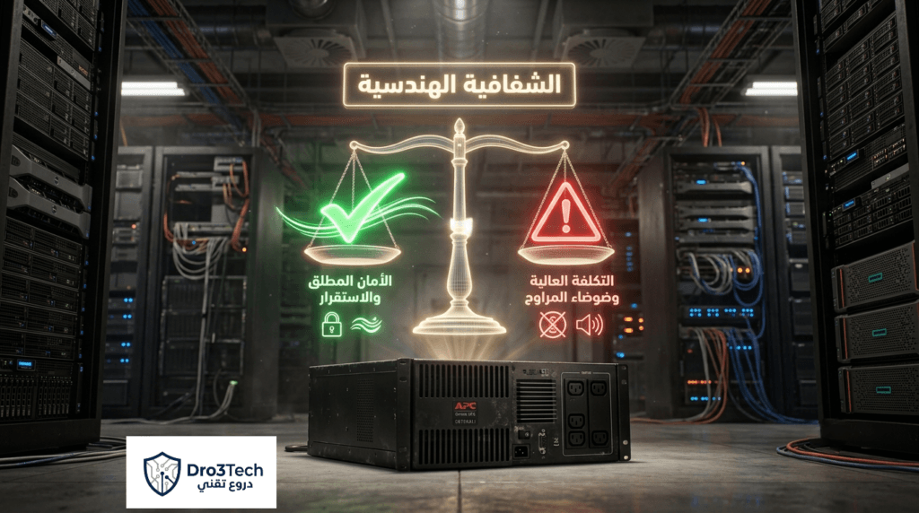 صورة مفاهيمية تعكس الشفافية الهندسية وتوضح المميزات والعيوب من أرض الواقع لجهاز APC Online UPS في غرف السيرفرات.