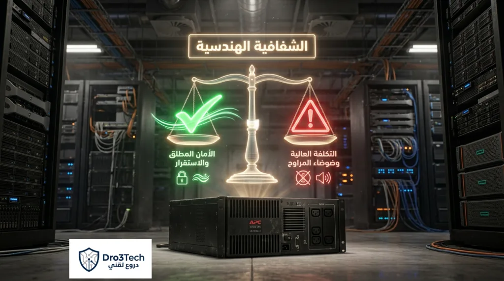 صورة مفاهيمية تعكس الشفافية الهندسية وتوضح المميزات والعيوب من أرض الواقع لجهاز APC Online UPS في غرف السيرفرات.