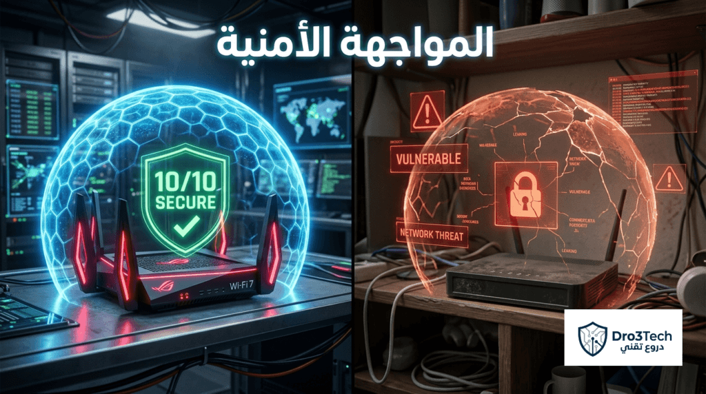 صورة تفاعلية تعرض مصفوفة المواجهة الأمنية والمقارنة الحاسمة بين أفضل راوتر Wi-Fi 7 من أسوس والراوتر التجاري العادي في حماية الشبكات.