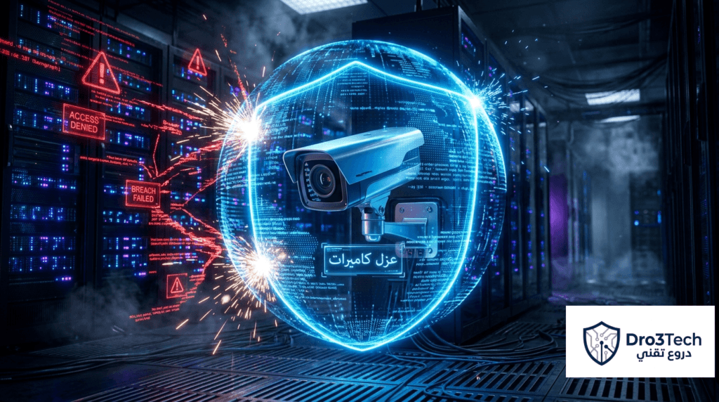 صورة مفاهيمية توضح تقنيات عزل كاميرات المراقبة سيبرانياً عبر شبكات VLAN الافتراضية في راوتر أسوس لمنع الاختراق.