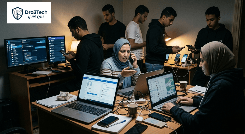 غرفة عمليات مخفية تظهر التشكيل العصابي المكون من قيادة نسائية وأذرع تنفيذية شبابية يديرون حسابات وهمية ومحافظ إلكترونية للاحتيال.