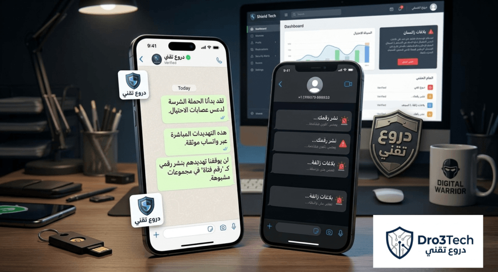 شاشة هاتف ذكي تعرض رسائل تهديد وسب على تطبيق واتساب مع خلفية تقنية مظلمة تعبر عن ضريبة مواجهة الجريمة الإلكترونية.