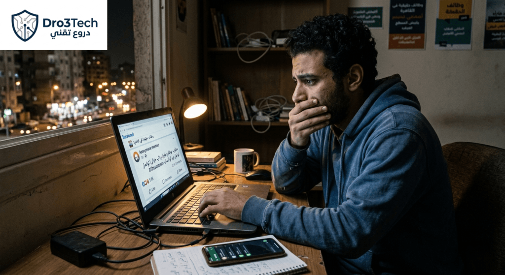 شاب مصري ينظر بصدمة لشاشة لابتوب تعرض منشور توظيف مجهول الهوية على فيسبوك للتوعية ضد الاحتيال الإلكتروني.