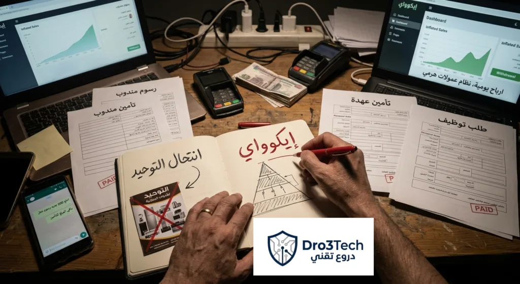 مستندات وشركات من ورق تحمل أختاماً مزيفة تعبر عن انتحال الكيانات التجارية للاحتيال على الشباب باسم التوظيف أونلاين.