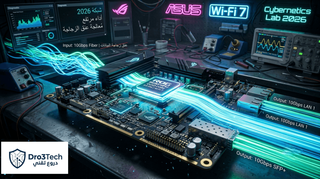 صورة مفاهيمية توضح المواصفات الفنية الخام لراوتر ASUS GT-BE98 وكيف تساهم في حل مشكلة عنق زجاجة البيانات لشبكات المراقبة