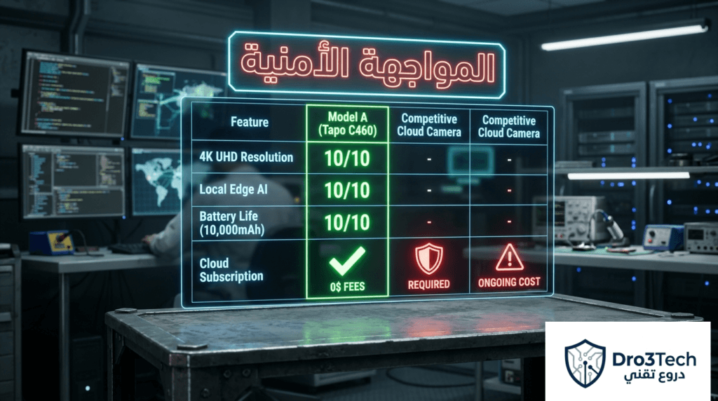 صورة تفاعلية تعرض مصفوفة المواجهة الأمنية 2026 لمقارنة كاميرا Tapo C460 المحلية مع الكاميرات السحابية المنافسة
