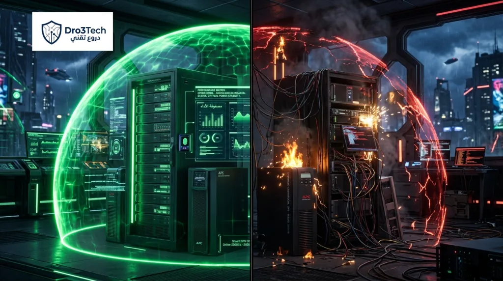 صورة تفاعلية تعرض مصفوفة الأداء الميداني وجدوى الحماية وتبرز الفارق بين جهاز APC Online UPS والأجهزة التجارية العادية في حماية كاميرات المراقبة