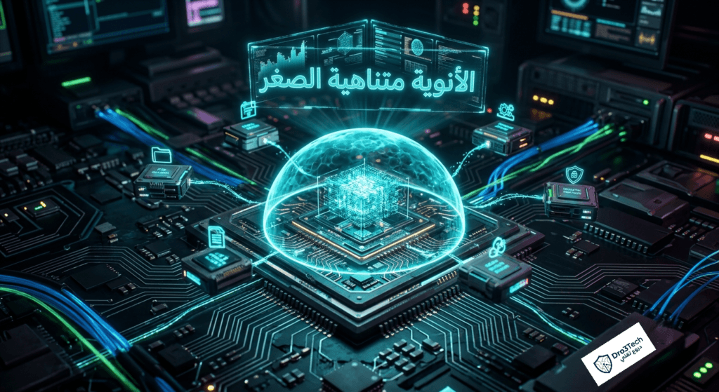 مخطط يوضح البنية الهيكلية وتأثير الأنوية متناهية الصغر في تأمين أنظمة تشغيل إنترنت الأشياء