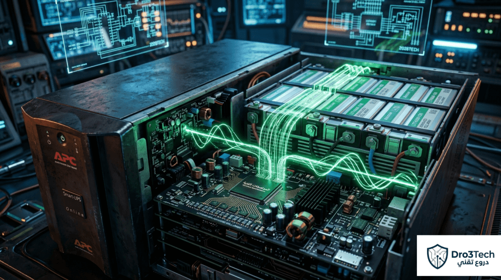 صورة مفاهيمية تستعرض المواصفات الفنية لـ APC Smart-UPS Online وقوة العتاد الداخلي في تنظيم الكهرباء وحماية الكاميرات
