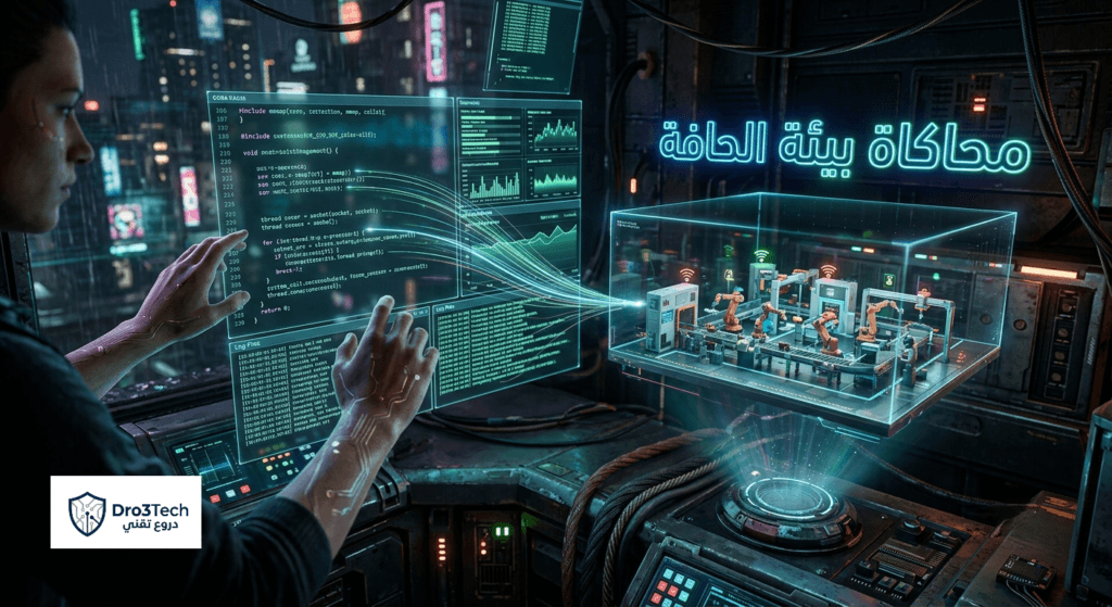 لقطة مستقبلية تظهر عملية برمجة سيناريو محاكي لبيئة الحافة (Edge Environment Simulation) مع أكواد برمجية هولوجرامية ومحاكاة لمصنع ذكي