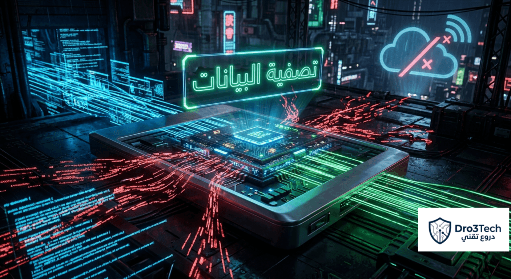 تصميم يوضح آليات تصفية البيانات الفورية في أنظمة الحوسبة الحافة بدون إنترنت