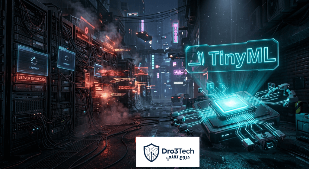 صورة توضيحية تشرح مفهوم الـ TinyML والفرق بينه وبين الذكاء الاصطناعي التقليدي في أنظمة إنترنت الأشياء