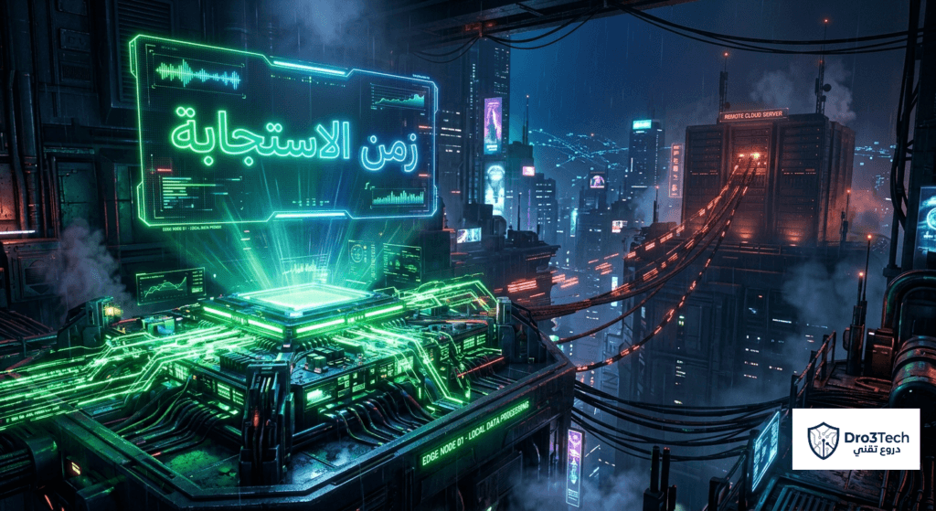 مخطط يوضح كيف تقضي الحوسبة الحافة على فجوة زمن الاستجابة (Latency) في أنظمة إنترنت الأشياء