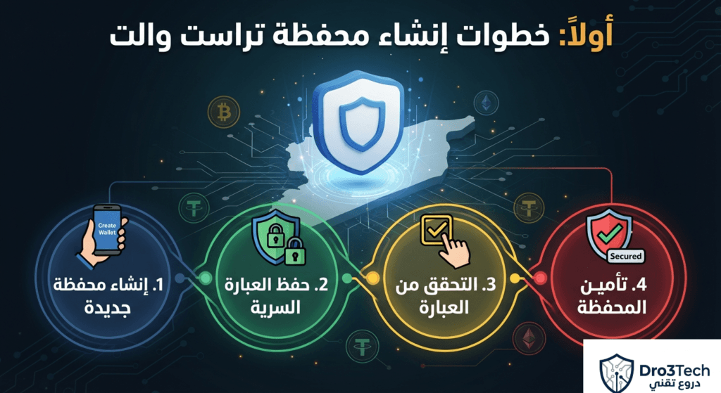 إنفوجرافيك يوضح خطوات إنشاء محفظة تراست والت Trust Wallet بالتفصيل لسحب أرباح تيمو كلوب في سوريا بأمان.